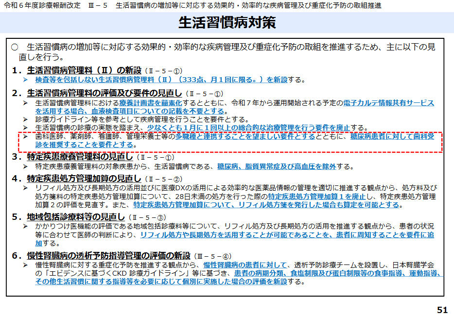 令和6年度診療報酬改定で「生活習慣病管理料」で歯科受診を促すことが要件に盛り込まれた。